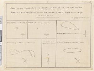 iii. Szkice wysp Lagoon, Thrum-Cap, Bow-Island, Dwóch Grup, Bird Island i Chain Island, leżące na południu, Morze... odkryte w Apl 1769 autorstwa James Cook