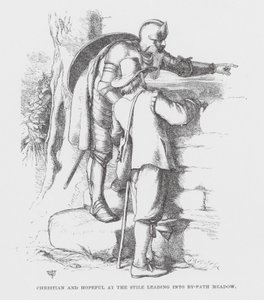 Christian i Hopeful przy palu prowadzącym do By-Path Meadow (rycina) autorstwa James Dawson Watson