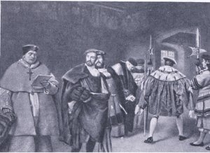 Zwolnienie kardynała Wolseya przez króla Henryka VIII z Cassells History of the British People opublikowanej przez Waverley Book Company, c. 1950 autorstwa James Dromgole Linton