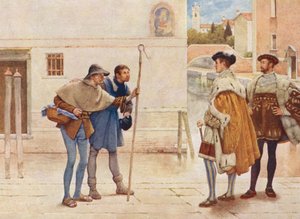 Kupiec wenecki Szekspira: Bassanio, Lorenzo, Stary Gobbo i Launcelot Gobbo (kolorowa litografia) autorstwa James Dromgole Linton