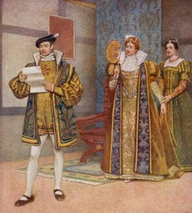 Kupiec wenecki Szekspira: Bassanio, Portia i Nerissa (kolorowa litografia) autorstwa James Dromgole Linton