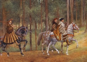 Kupiec wenecki Szekspira: Bassanio i Gratiano (kolorowa litografia) autorstwa James Dromgole Linton