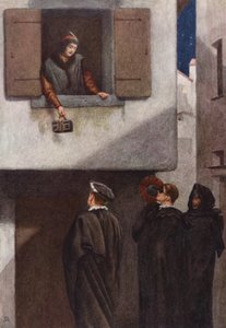 Kupiec wenecki Szekspira: Jessica, Lorenzo, Gratiano i Salarino (kolorowa litografia) autorstwa James Dromgole Linton