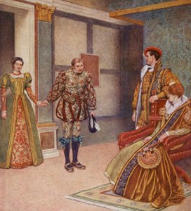 Kupiec wenecki Szekspira: Portia, Bassanio, Gratiano i Nerissa (kolorowa litografia) autorstwa James Dromgole Linton