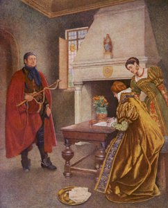 Kupiec wenecki Szekspira: Portia, Nerissa i Baltazar (kolorowa litografia) autorstwa James Dromgole Linton