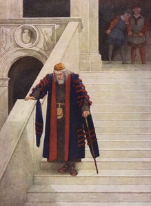 Kupiec wenecki Szekspira: Shylock opuszczający Pałac Książęcy (kolorowa litografia) autorstwa James Dromgole Linton