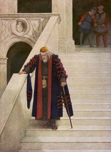 Kupiec wenecki Szekspira: Shylock opuszczający Pałac Książęcy (kolorowa litografia)