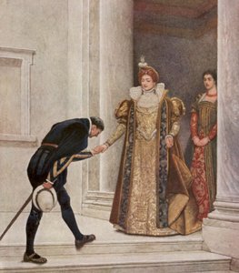 Kupiec wenecki Szekspira: Książę Arragonii, Portia i Nerissa (kolorowa litografia) autorstwa James Dromgole Linton