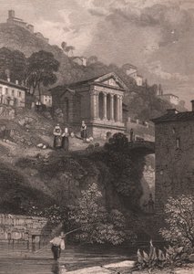 Widok świątyni Clitumnusa wzdłuż rzeki Clitunno w pobliżu Campello sul Clitunno, Umbria, Włochy, staloryt autorstwa Jordana według rysunku Jamesa Duffielda Hardinga (1798-1863), około 10, 5x15 cm autorstwa James Duffield Harding