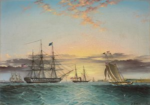 Stany Zjednoczone Ohio Under Tow w Lower Bay w Nowym Jorku z widokiem na Fort Hamilton