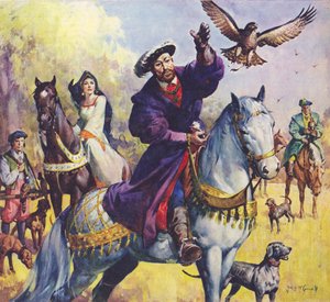 Król Henryk VIII i Anna Boleyn na polowaniu (kolorowa litografia)