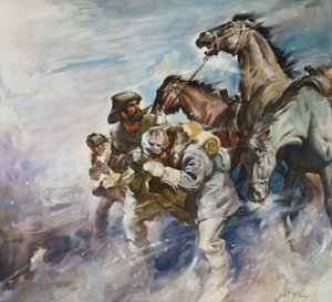 Mężczyźni i konie walczący z burzą (gwasz na papierze) autorstwa James Edwin McConnell