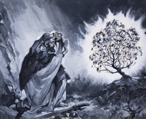 Mojżesz i płonący krzew (gwasz na papierze) autorstwa James Edwin McConnell