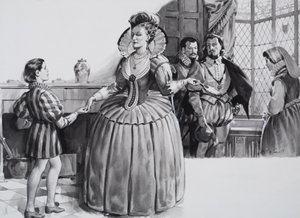 Młody Francis Bacon i królowa Elżbieta I (gwasz na papierze) autorstwa James Edwin McConnell