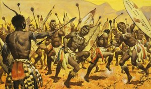 Wojownicy Zulu zmuszeni przez Shakę do tańca na ciernistej ziemi autorstwa James Edwin McConnell