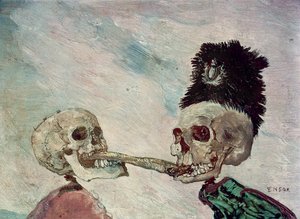 Esqueletos brigando por um polidor de arenque (óleo sobre painel) autorstwa James Ensor