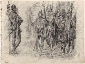 Szkice postaci i pięciu hiszpańskich żołnierzy z lancami autorstwa James Ensor