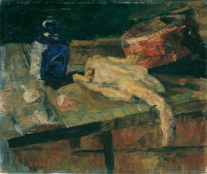 Martwa natura z niebieską butelką i oskubanym kurczakiem autorstwa James Ensor
