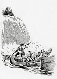Główni bohaterowie w kajaku przy wodospadzie, ilustracja do Ostatniego Mohikanina Jamesa Fenimore