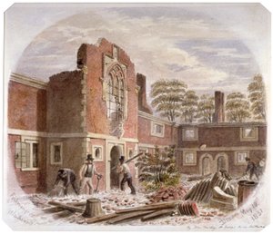 Mężczyźni burzący szpital św. Piotra, Southwark, Londyn, 1851 r.