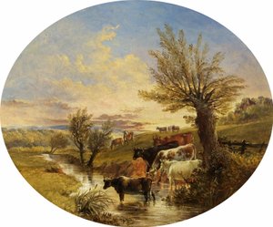 Krajobraz ze strumieniem i bydłem, 1888 autorstwa James Flewitt Mullock