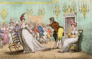 Szeroka wskazówka o braku znaczenia do tańca, opublikowana przez Hannah Humphrey w 1804 r. (akwaforta ręcznie kolorowana)