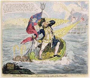 Francuska burza gradowa, czyli Neptun tracący z oczu flotę z Brestu, wydana przez Hannah Humphrey w 1793 roku (akwaforta ręcznie kolorowana)
