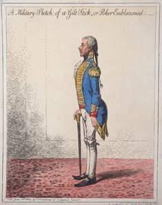 A Military Sketch of a Gilt Stick, or a Poker Emblazoned, opublikowany przez Hannah Humphrey w 1800 roku (akwaforta ręcznie kolorowana) autorstwa James Gillray