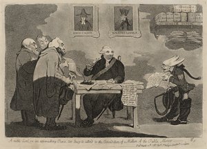 Szlachetny Pan o zbliżającym się pokoju jest zbyt zajęty, aby zająć się wydatkami miliona publicznych pieniędzy [verso] autorstwa James Gillray