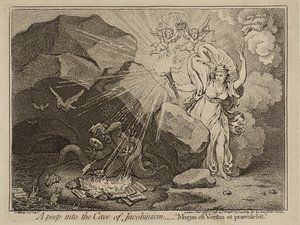 Spojrzenie do jaskini jakobinizmu, czyli Wielka prawda przeważy, 1798 (akwaforta na papierze) autorstwa James Gillray