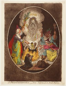 Fantasmagoria - Scena - Wyczarowanie uzbrojonego szkieletu autorstwa James Gillray