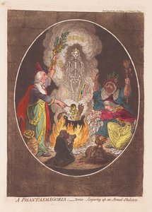 A Phantasmagoria: Scena - Wyczarowanie uzbrojonego szkieletu, wyd. 1803 (ręcznie kolorowany grawer) autorstwa James Gillray