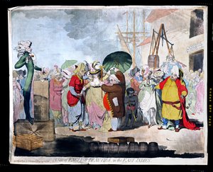 A Sale of English Beauties in the East Indies, opublikowany przez W. Hollanda w 1786 r. (akwaforta ręcznie kolorowana z akwatintą) autorstwa James Gillray