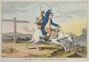 Słońce zachodzące we mgle, broniące Old Hanover Hack, opublikowane przez J. Williamsa w 1783 r. (akwaforta ręcznie kolorowana)