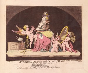 Vestal z -93, przymierzająca Cestus of Wenus, wyd. 1793 (grawerowanie ręcznie kolorowane) autorstwa James Gillray