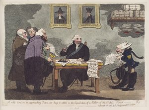 Szlachetny lord, o zbliżającym się pokoju, zbyt zajęty, by zająć się wydatkowaniem miliona publicznych pieniędzy przez Jamesa Gillraya autorstwa James Gillray