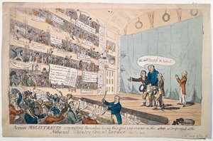 Działający sędziowie zobowiązujący się, będąc ich pierwszym występem w wykonaniu w National Theatre Covent Garden, opublikowanym w 1809 r. (akwaforta ręcznie kolorowana)