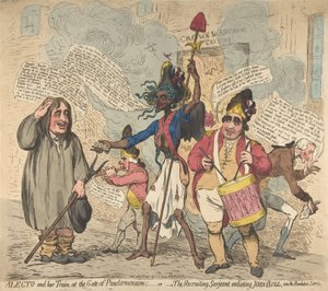 Alecto i jej pociąg, przy Bramie Pandemonium, czyli Rekrutujący Sarjeant Enli..., 4 lipca 1791. autorstwa James Gillray