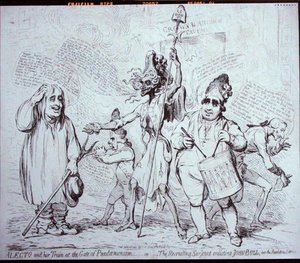 Alecto i jej Train at the Gate of Pandemonium lub The Recruiting Serjeant werbujący Johna Bulla do służby rewolucji, wydane przez S.W. Fores w 1791 (akwaforta) autorstwa James Gillray