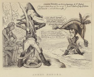 Uzbrojeni bohaterowie: brytyjski premier Henry Addington konfrontujący się z Napoleonem i groźbą inwazji francuskiej, 1803 autorstwa James Gillray