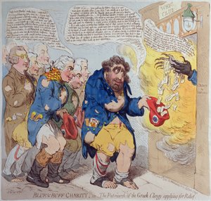 Blue und Buff Charity, czyli Patriarcha greckiego duchowieństwa ubiegający się o ulgę, opublikowana przez Hannah Humphrey w 1793 r. (akwaforta ręcznie kolorowana)