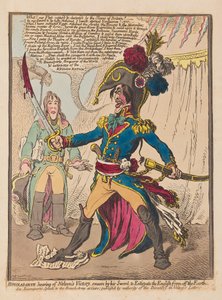 Bonaparte słysząc o zwycięstwie Nelsona przysięga na swój miecz, że wytępi Anglików z Ziemi, pub. 1798 (grawerowanie ręcznie kolorowane)