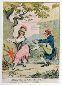 Britannia in French Stays, or Re-Form at the Expense of Constitution, wydana przez Hannah Humphrey w 1793 roku (akwaforta ręcznie kolorowana)