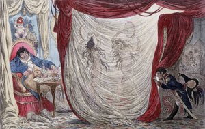 Karykatura o Napoleonie, Paulu Barrasie, Józefinie i Mademoiselle de Fontenay, zwanej ausii Teresa (Teresa lub Terezia) Cabarrus, zwanej Madame Tallien (Talien) lub te panie tańczą nago dla Barrasa, pod ukradkiem Napoleona