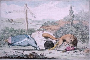 Zmieniające się miejsca, czyli lis śmierdzący Borsukowi ze swojego gniazda, opublikowana przez Williama Humphreya w 1782 r. (akwaforta ręcznie kolorowana) autorstwa James Gillray