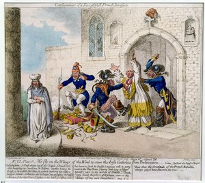 Konsekwencje udanej francuskiej inwazji, czyli lecimy na skrzydłach wiatru, by ocalić irlandzkich katolików przed prześladowaniami autorstwa James Gillray