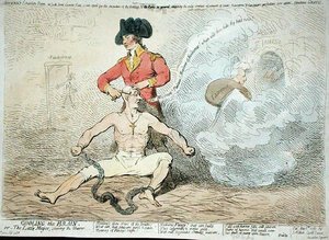 Cooling the Brain, czyli The Little Mayor Shaving the Shaver, opublikowana przez J. Aitkena w 1789 r. (akwaforta ręcznie kolorowana) autorstwa James Gillray