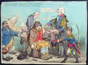 Dr Sangrado leczący Johna Bulla z Repletion, opublikowany przez Hannah Humphrey w 1803 r. (akwaforta ręcznie kolorowana) autorstwa James Gillray
