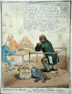 Effusions of the Heart, czyli Leżący Jack the Blacksmith at Confession, opublikowany przez Hannah Humphrey w 1795 roku dla Towarzystwa Filantropijnego (akwaforta ręcznie kolorowana) autorstwa James Gillray