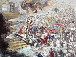 Koniec irlandzkiej farsy o katolickiej emancypacji, wydanej przez Hannah Humphrey w 1805 roku (akwaforta ręcznie kolorowana) autorstwa James Gillray